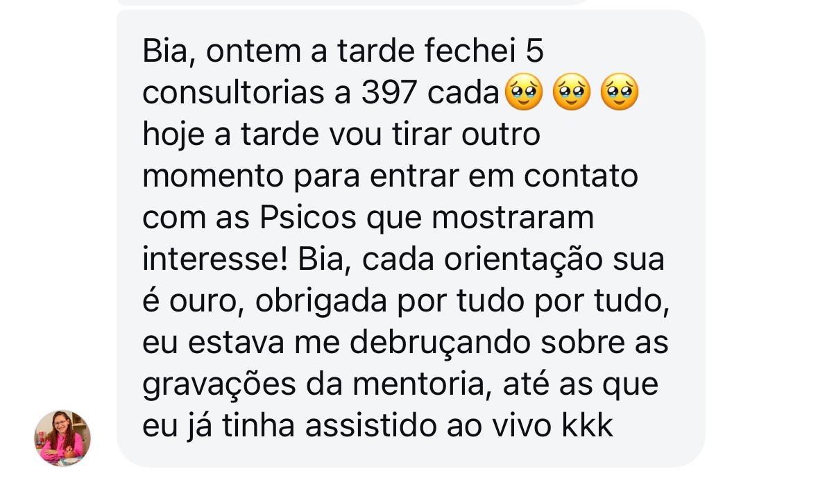 Print de depoimento sobre 5 consultorias fechadas